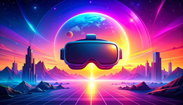 未来都市と地球惑星を背景にしたVRゴーグルのサイバーパンクイラスト