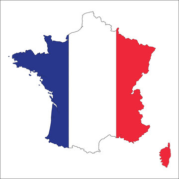 Silhouette map of France filled with the national blue white and red tricolor flag.