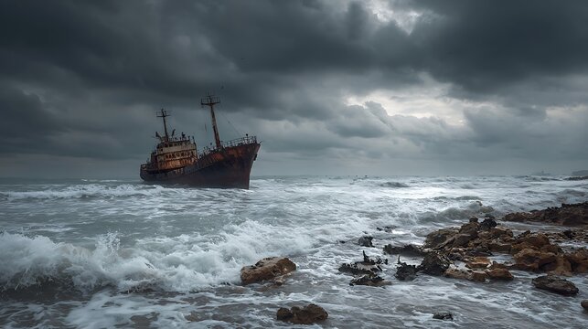 Old shipwreck on rocky shore with stormy weather and rough sea waves crashing