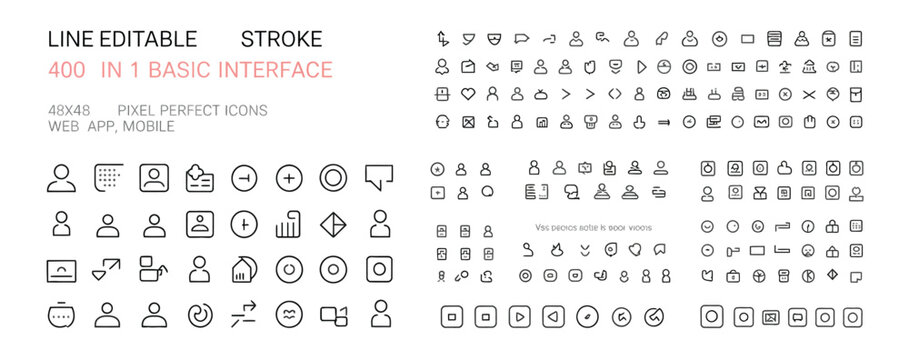 Collection of 400 basic interface line icons for web, app, and mobile, 48x48 pixel perfect.