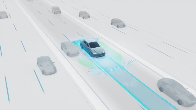 3D Animation of an Autonomous Car Illustrating Sensors and Advanced Cruise Control Capabilities. Self-Driving Car with Surrounding Traffic Awareness and Lane Keeping Technology. White Background