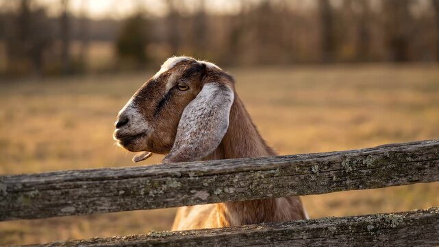 Goat Peeking Over Wooden Fence in a Golden Field at Sunset.