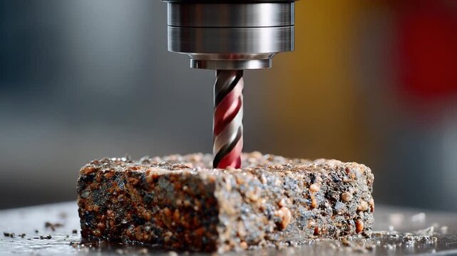 Precision and Production: A close-up shot captures the meticulous work of a drill bit as it bores into a block of material.