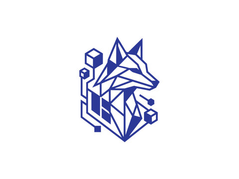 Geometric wolf head logo vector blue polygon cyber animal tech design