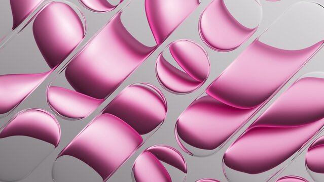 Gradient pink bubble pattern flows diagonally with lively reflections and a bright shine. 3D render illustration.