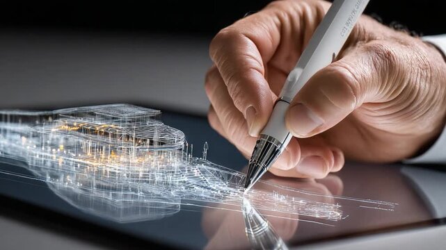 Digital Drafting with Precision: A close-up view captures a hand deftly sketching on a tablet with a stylus, meticulously crafting a digital blueprint with refined precision and modern design.