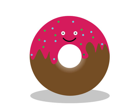 Adorable cartoon donut character with pink strawberry frosting, colorful sprinkles, and a happy smiling face on chocolate.