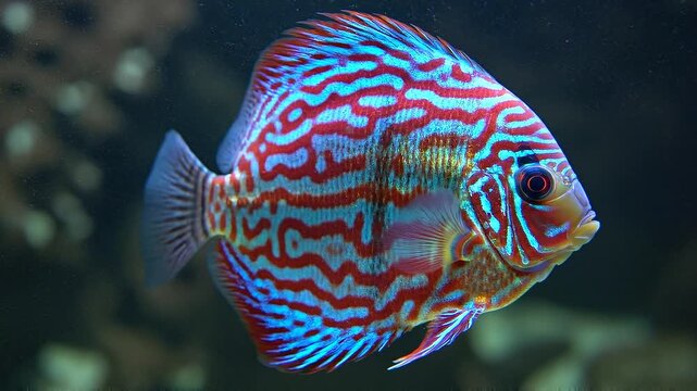 A beautiful colorful fish with vibrant red, blue, and yellow stripes swimming in an aquarium. 