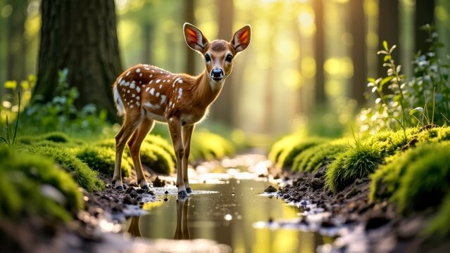 Cute Baby Deer in Forest Stream
