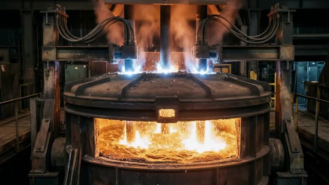 Industrial electric arc furnace meltdown with arcing electrodes above alloy charge roof closed focusing on the molten metal transformation in a controlled environment.
