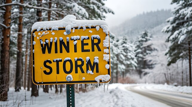Winter storm warning sign on snowy road with trees and heavy snowfall weather condition concept