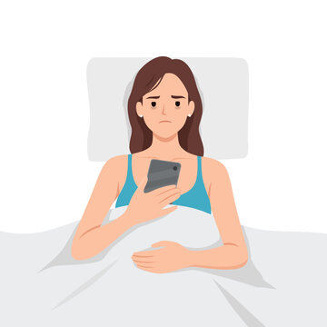 Sad Woman Lying in Bed Using Smartphone at Night, Insomnia, Anxiety and Sleep Problem. Flat vector illustration isolated on white background