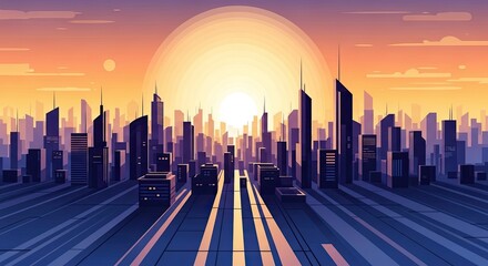 Obraz premium City skyline silhouette at sunset with buildings and overhead sunlight