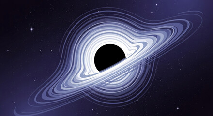 Black hole with swirling purple and white accretion disk in deep space with stars