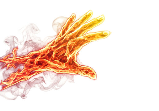 A hand made of fire reaching out isolated on transparent background