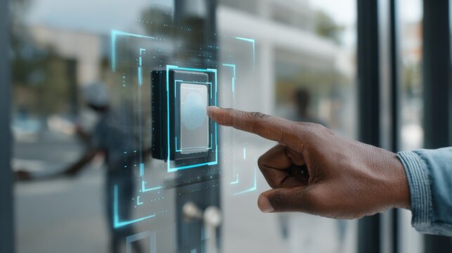 Focused medium view of badge reader scanning patient ID at clinic entrance highlighting digital tracking with softfocus surroundings.
