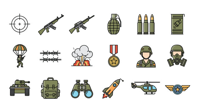 Extensive collection of military and army-related pixel art icons including weapons, soldiers, vehicles, and equipment for defense graphics.
