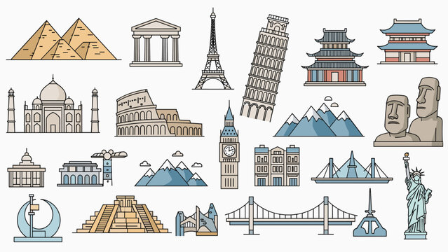 Comprehensive collection of famous world landmarks and historical architecture icons, representing various global travel destinations and cultures.