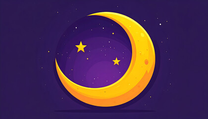 Naklejka premium Large yellow crescent moon with three stars on dark purple background representing romantic nighttime settings and midnight love generative AI