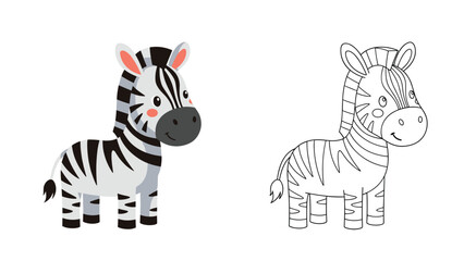 Naklejka premium Adorable colored and black outline drawing of a cute cartoon zebra with distinctive black and white stripes, perfect for children's coloring books.