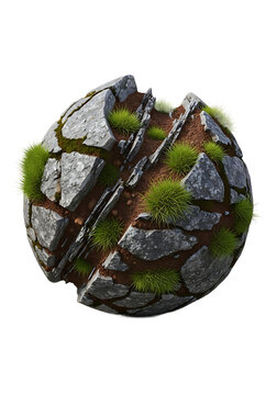 3d rendered sphere with realistic stone texture and grass patches isolated on transparent background