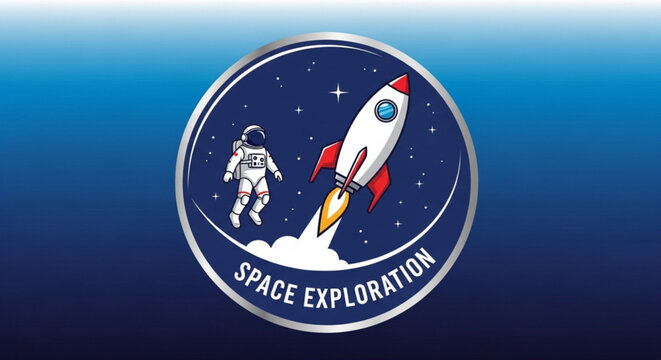 Space exploration logo with astronaut and rocket launching into starry night sky