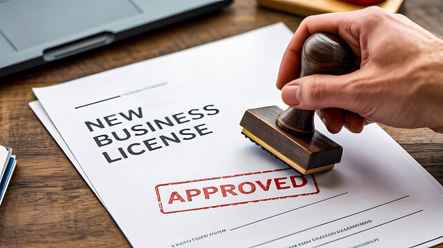 Approved new business license document with stamp representing legal authorization and startup registration concept 