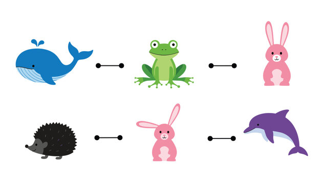 Fun educational game featuring six colorful cartoon animals, challenging players to match pairs by drawing lines.