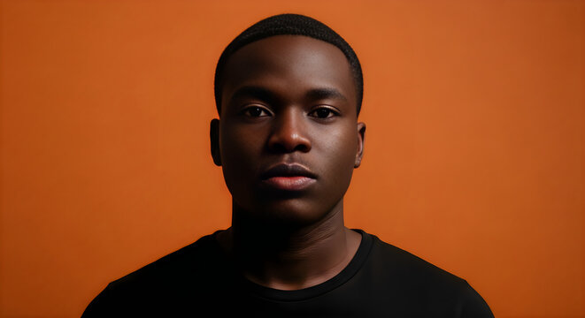 A portrait of a young black man with a serious expression against a solid burnt orange background isolated on white background