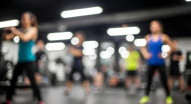 A blurred view of people exercising in a brightly lit indoor gym or fitness studio, engaged in a group workout session.