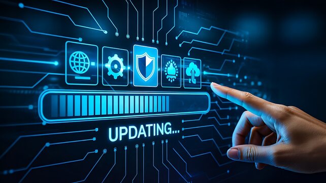 Digital updating progress bar with futuristic interface representing software update and system upgrade concept 