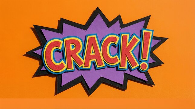 Colorful comic-style explosion graphic with the word "CRACK!" in bold letters on a vibrant orange background, ideal for dynamic visual communication or design projects