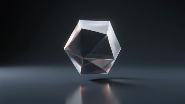 A luminous geometric crystal resting on a reflective surface with prismatic light effects