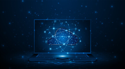 Fototapeta premium Cloud technology with circuit boards floating above a laptop. A large-scale data center concept. Background concept of innovative modern cloud storage technology. 