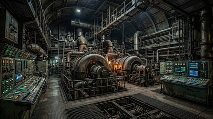 Fototapeta premium Industrial interior with machinery and control panels