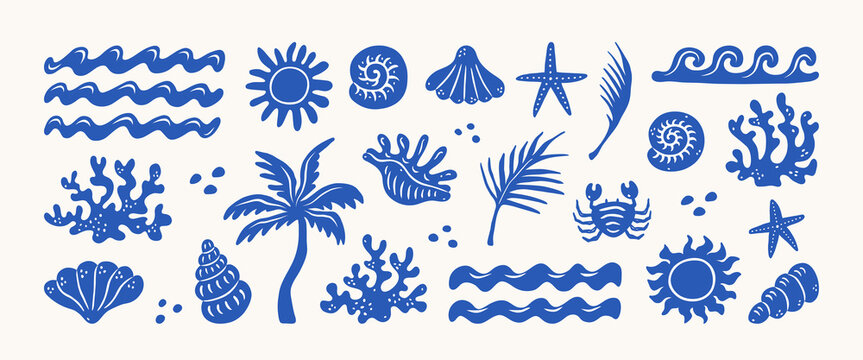 Summer coastal icon set in blue colors. Hand drawn palm tree, sun and sea, seashells, coral in doodle sketch. Mediterranean italian concept, ocean, vacation, travel. Vector whimsical illustration.