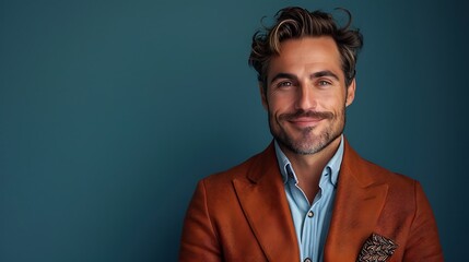 Obraz premium Handsome bearded man with blue eyes wearing a burnt orange textured blazer and light blue shirt posing confidently against a dark teal studio wall for a portrait