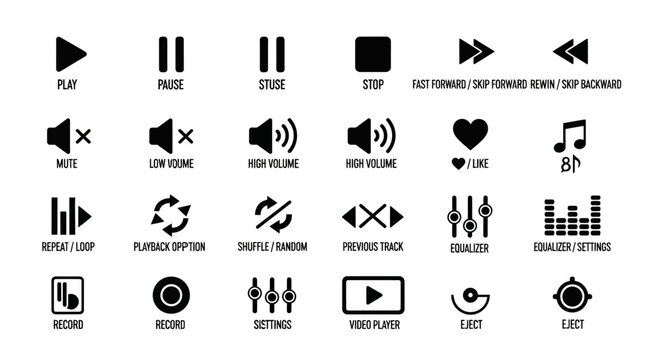 A collection of black icons representing various audio and video controls on a white background with Play, Pause, and Stop buttons.