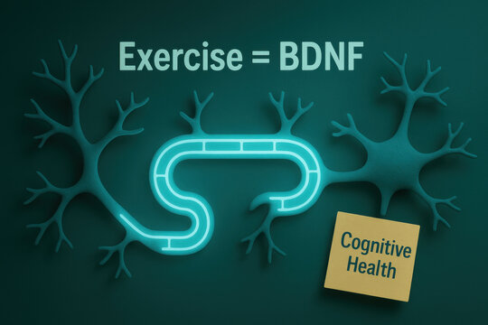 Conceptual science illustration of glowing neural network. Exercise equals BDNF promoting cognitive health for brain function, shown on an emerald gradient background with sticky note