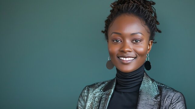 Smiling african american woman with locs wearing a shimmering metallic textured blazer and black turtleneck posing against a dark teal studio background today now