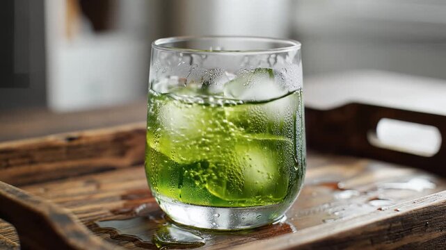 Closeup of a bartender preparing a vibrant green cocktail with ice.