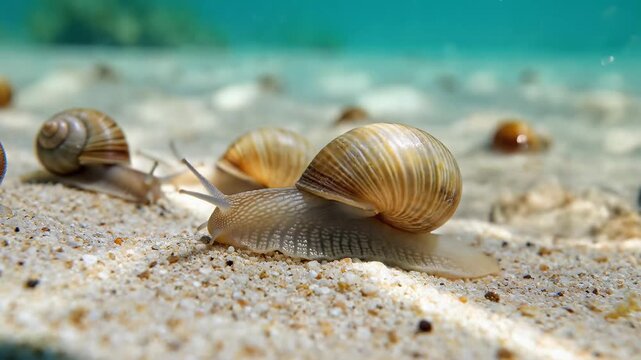 Closeup of Snails Crawling on Sandy Seabed Underwater.