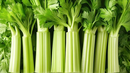 Fototapeta premium Fresh and Crisp Celery Stalks with Lush Green Leaves Filling the Frame, Showcasing Nature s Bounty