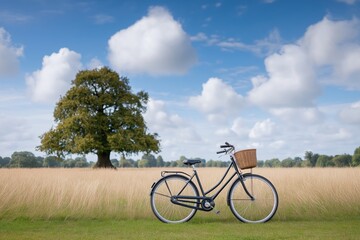 Fototapeta premium Classic bicycle with wicker basket stand in golden grass field next to large oak tree under blue sky with white clouds
