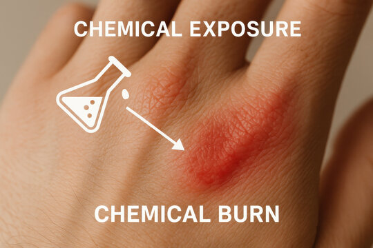 Painful close up of chemical burn on human skin. hand shows red inflamed patch, severe irritation from chemical exposure, explained with medical illustration overlay