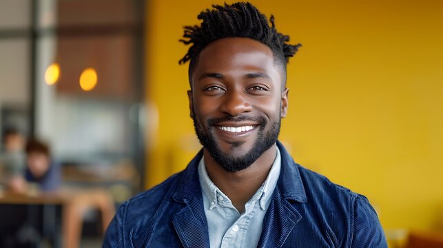 Cheerful african american man with locs and beard wearing blue corduroy jacket over button shirt posing in front of bright yellow wall in a modern office space today
