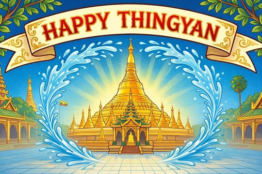 A vibrant illustration celebrating the traditional Burmese Thingyan water festival with a magnificent golden pagoda, bright sunshine, and dynamic water splashes against a clear blue sky
