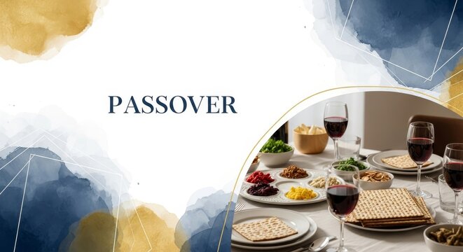 Passover Seder table set with matzah, wine, and symbolic foods. Traditional holiday meal spread indoors.