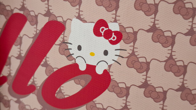Sanrio Hello Kitty character seamless pattern background with large feline illustration for decorative wallpaper on March 28, 2026 in Bangkok, Thailand