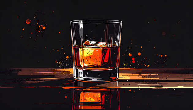 Glass with dark amber liquid and white reflection on black background capturing the gritty dive bar lifestyle of metal scene generative AI
